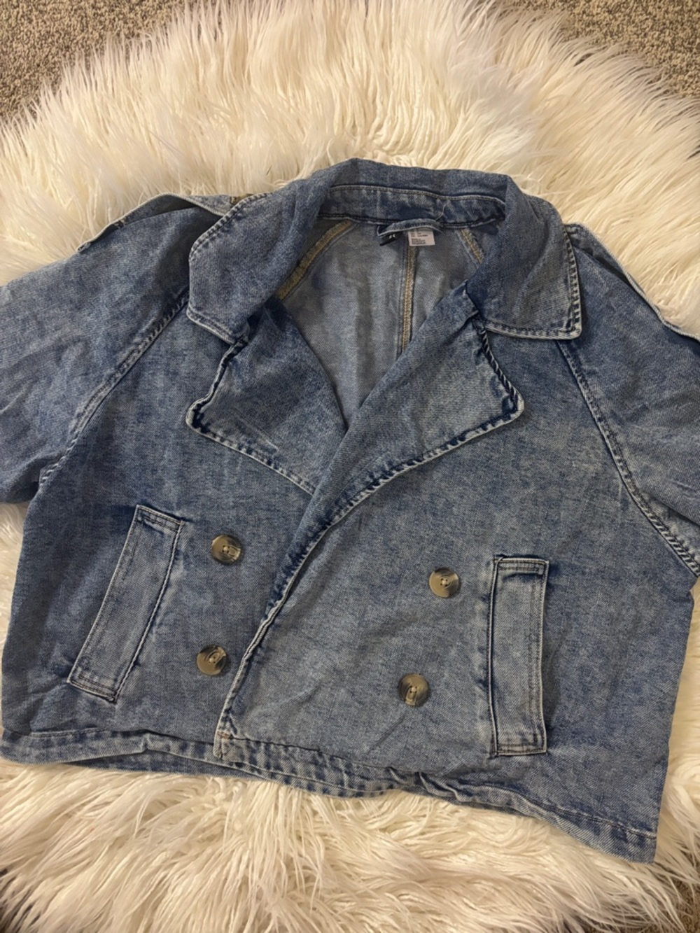 Denim Double-Breasted Cropped Jacket - Blue